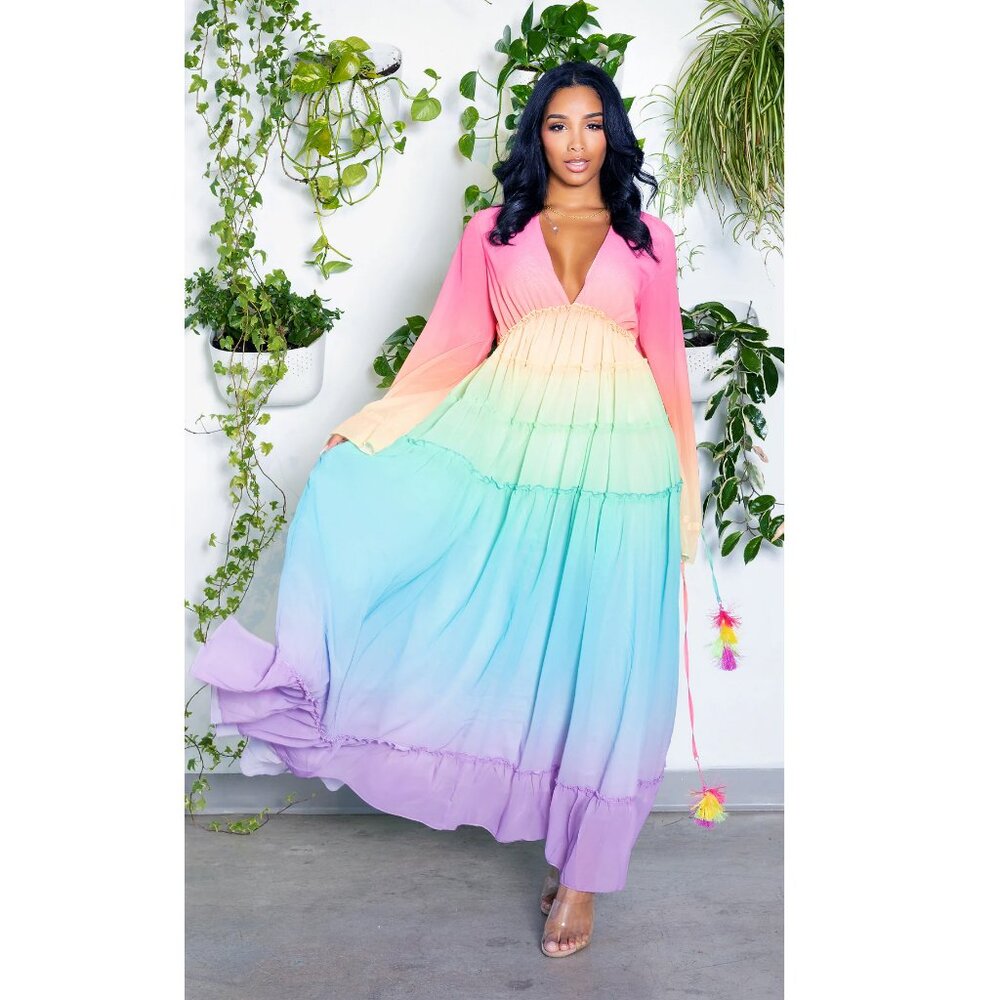 Stunning Ombre Rainbow Maxi Dress with tassels! 3XL